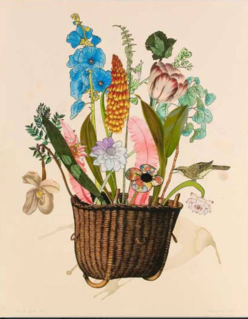 Collage of different flowers, from all different seasons, in a woven basket.